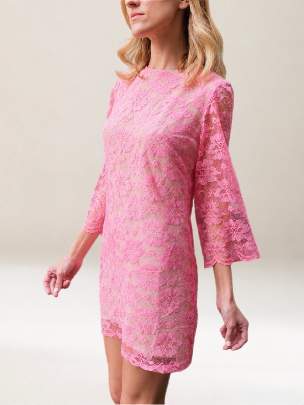 Vintage 60s Hot Pink Floral Lace Shift Mini Dress Sheer Bell Sleeve Slip XS / S - Picture 1 of 17